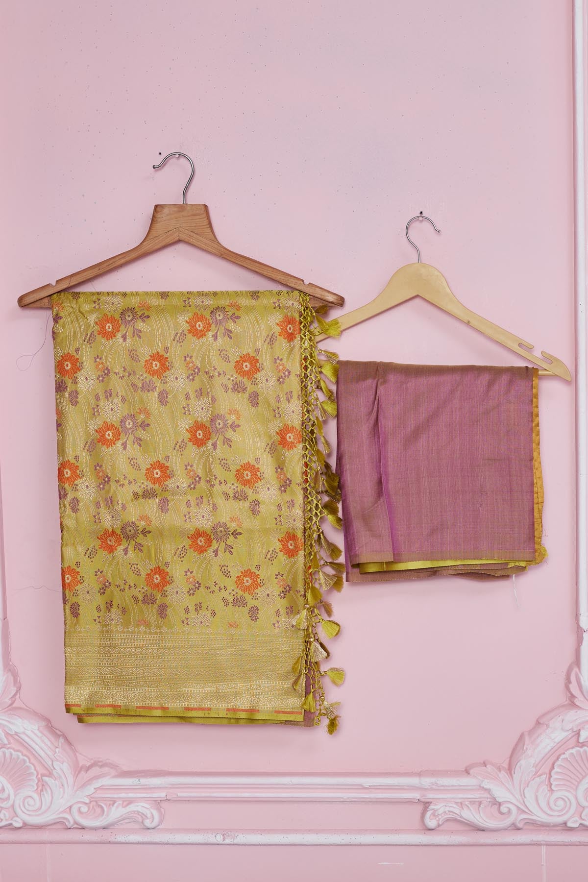 Shop beautiful mustard floral Banarasi saree online in USA with zari border. Look your best on festive occasions in latest designer saris, pure silk sarees, Kanjivaram silk sarees, handwoven saris, tussar silk sarees, embroidered saris from Pure Elegance Indian fashion store in USA.-blouse