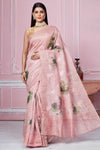 Buy stunning rose pink floral print Banarasi saree online in USA. Look your best on festive occasions in latest designer sarees, pure silk saris, Kanchipuram silk sarees, handwoven sarees, tussar silk saris, embroidered sarees from Pure Elegance Indian fashion store in USA.-full view