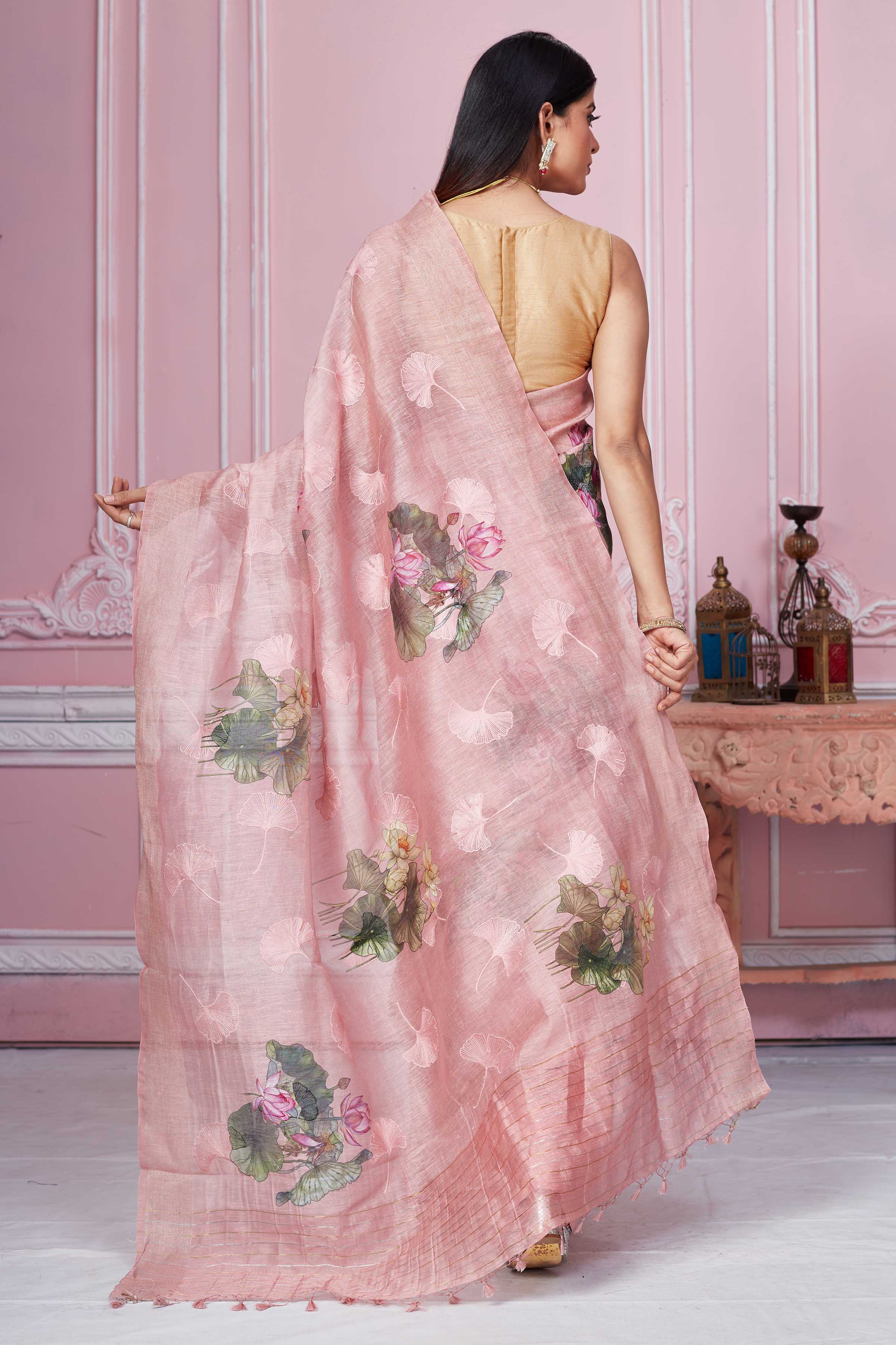 Buy stunning rose pink floral print Banarasi saree online in USA. Look your best on festive occasions in latest designer sarees, pure silk saris, Kanchipuram silk sarees, handwoven sarees, tussar silk saris, embroidered sarees from Pure Elegance Indian fashion store in USA.-back