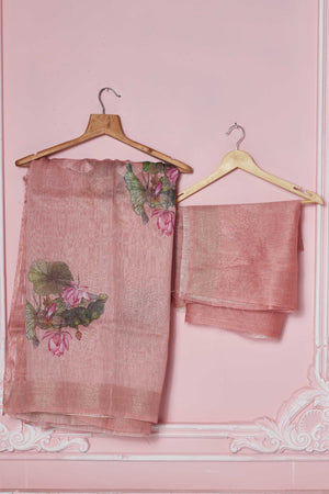 Buy stunning rose pink floral print Banarasi saree online in USA. Look your best on festive occasions in latest designer sarees, pure silk saris, Kanchipuram silk sarees, handwoven sarees, tussar silk saris, embroidered sarees from Pure Elegance Indian fashion store in USA.-blouse