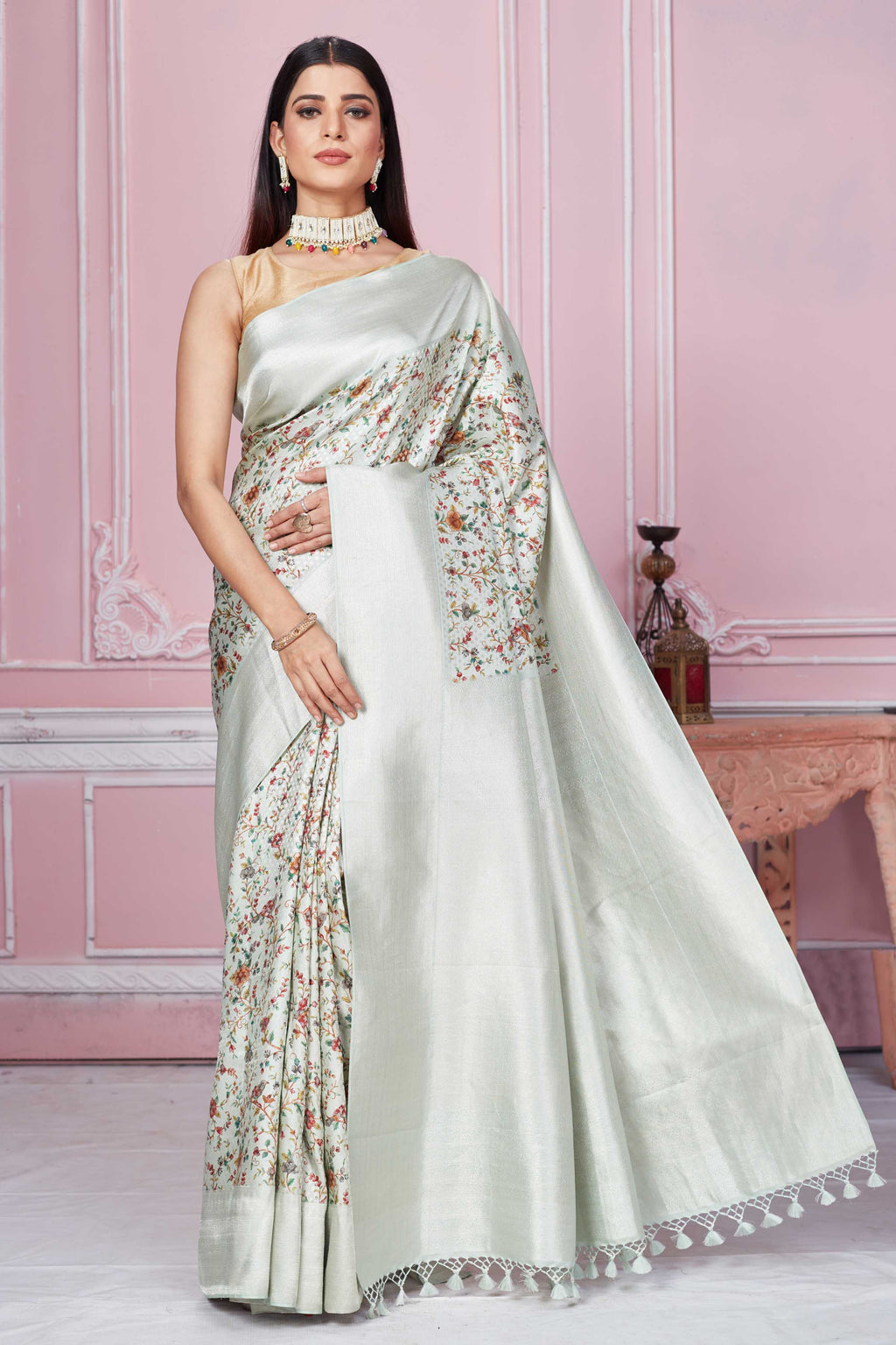 Shop mint green printed Banarasi saree online in USA with zari border. Look your best on festive occasions in latest designer sarees, pure silk saris, Kanchipuram silk sarees, handwoven sarees, tussar silk saris, embroidered sarees from Pure Elegance Indian fashion store in USA.-full view