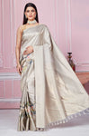 Shop grey floral Banarasi saree online in USA with zari border. Look your best on festive occasions in latest designer sarees, pure silk saris, Kanchipuram silk sarees, handwoven sarees, tussar silk saris, embroidered sarees from Pure Elegance Indian fashion store in USA.-full view
