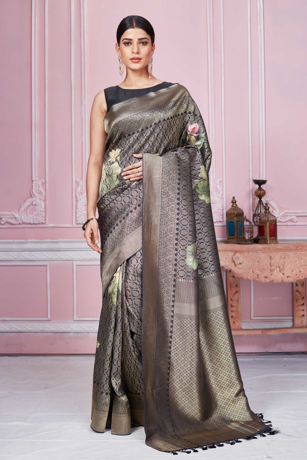 Shop stunning dark grey floral zari Banarasi saree online in USA. Look your best on festive occasions in latest designer sarees, pure silk saris, Kanchipuram silk sarees, handwoven sarees, tussar silk saris, embroidered sarees from Pure Elegance Indian fashion store in USA.-full view