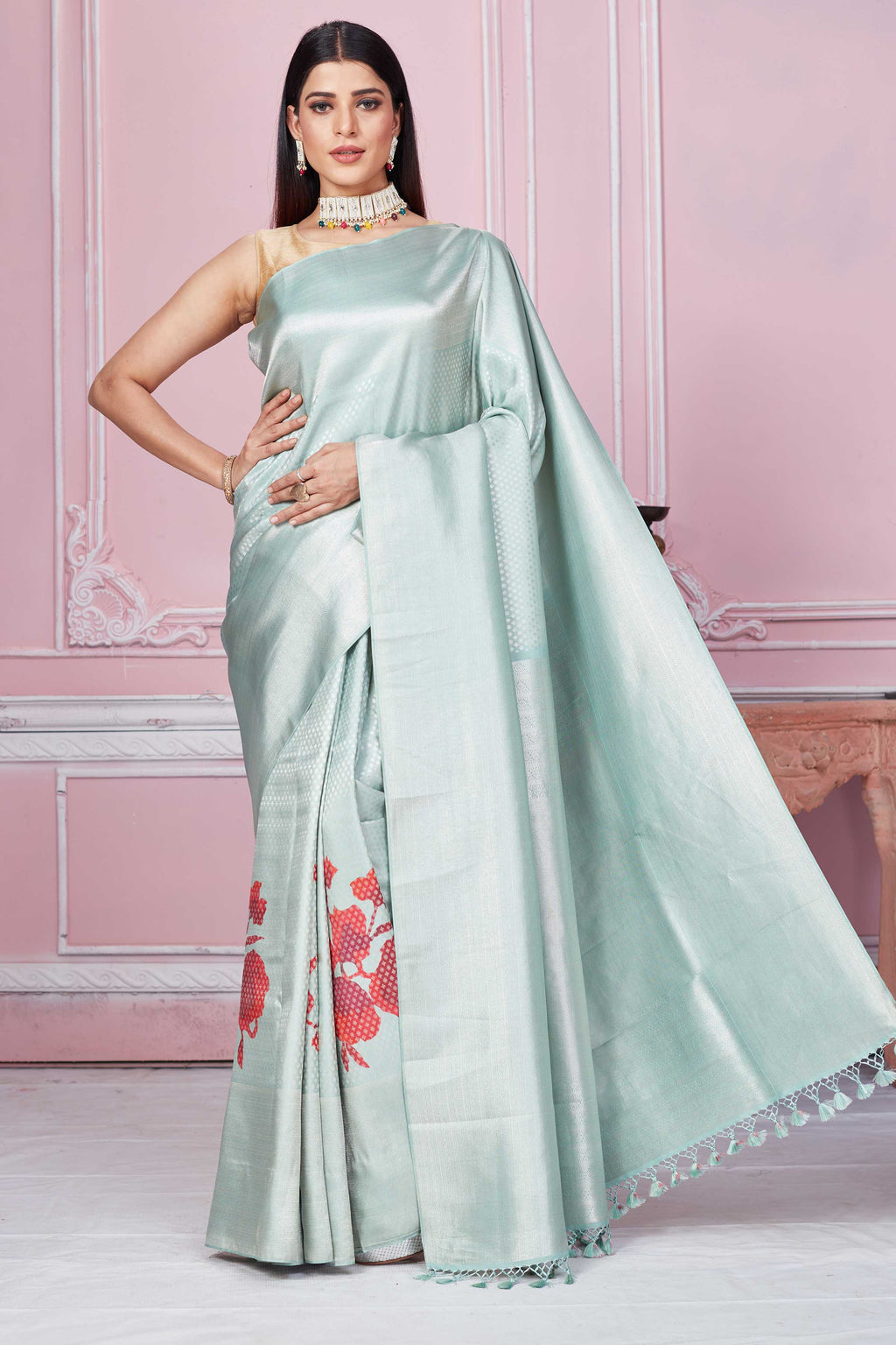Shop sage green Banarasi saree online in USA with red floral design. Look your best on festive occasions in latest designer sarees, pure silk saris, Kanchipuram silk sarees, handwoven sarees, tussar silk saris, embroidered sarees from Pure Elegance Indian fashion store in USA.-full view