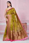 Shop olive green Banarasi saree online in USA with pink zari border. Look your best on festive occasions in latest designer sarees, pure silk saris, Kanchipuram silk sarees, handwoven sarees, tussar silk saris, embroidered sarees from Pure Elegance Indian fashion store in USA.-full view