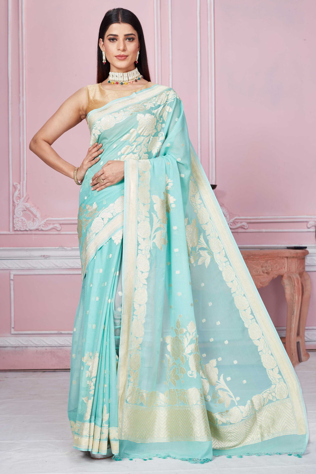 Buy mint green Banarasi sari online in USA with floral zari work. Look your best on festive occasions in latest designer sarees, pure silk saris, Kanchipuram silk sarees, handwoven sarees, tussar silk saris, embroidered sarees from Pure Elegance Indian fashion store in USA.-full view