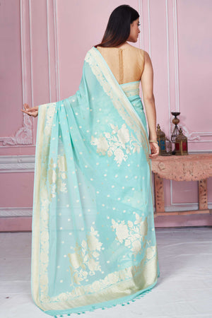 Buy mint green Banarasi sari online in USA with floral zari work. Look your best on festive occasions in latest designer sarees, pure silk saris, Kanchipuram silk sarees, handwoven sarees, tussar silk saris, embroidered sarees from Pure Elegance Indian fashion store in USA.-back