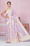 Shop lilac Banarasi sari online in USA with floral zari work. Look your best on festive occasions in latest designer sarees, pure silk saris, Kanchipuram silk sarees, handwoven sarees, tussar silk saris, embroidered sarees from Pure Elegance Indian fashion store in USA.-full view