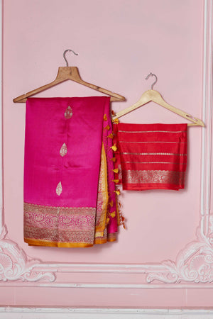 Buy pink Banarasi sari online in USA with antique zari border. Look your best on festive occasions in latest designer sarees, pure silk saris, Kanchipuram silk sarees, handwoven sarees, tussar silk saris, embroidered sarees from Pure Elegance Indian fashion store in USA.-blouse