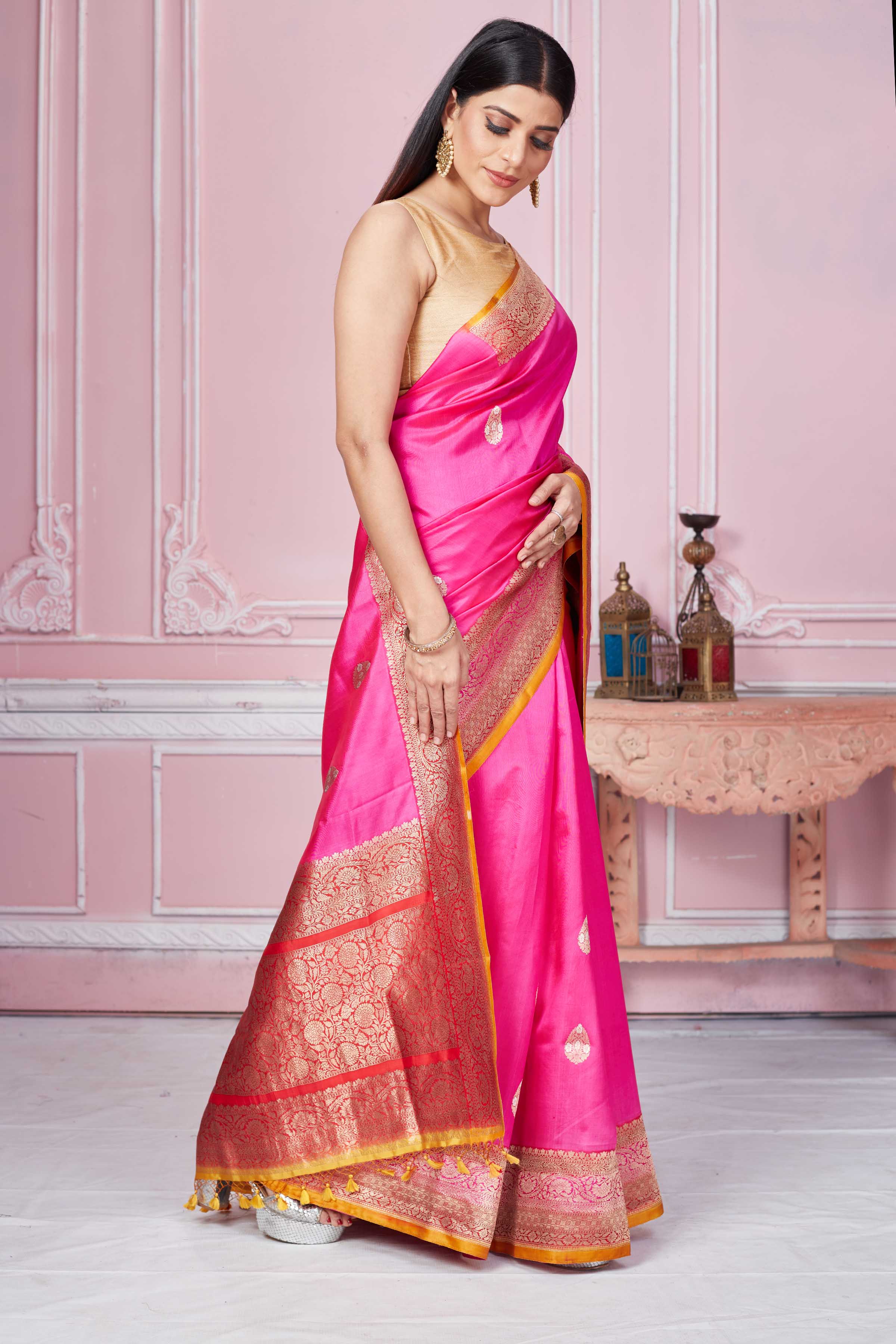 Buy pink Banarasi sari online in USA with antique zari border. Look your best on festive occasions in latest designer sarees, pure silk saris, Kanchipuram silk sarees, handwoven sarees, tussar silk saris, embroidered sarees from Pure Elegance Indian fashion store in USA.-side