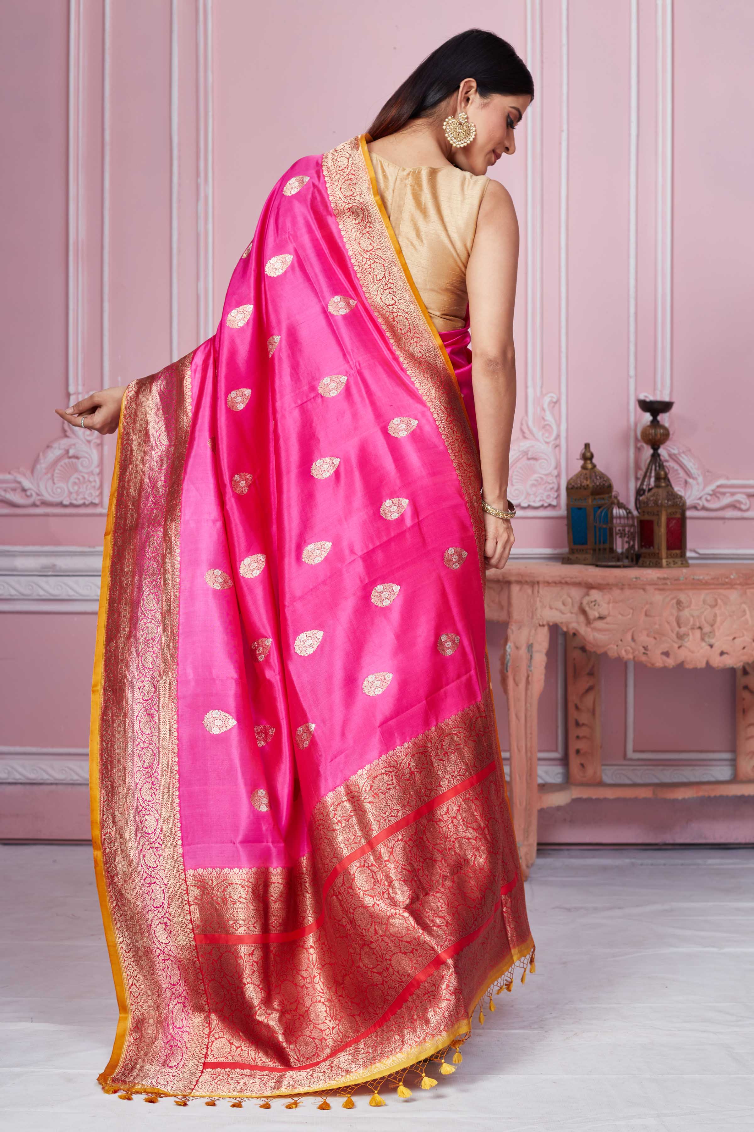 Buy pink Banarasi sari online in USA with antique zari border. Look your best on festive occasions in latest designer sarees, pure silk saris, Kanchipuram silk sarees, handwoven sarees, tussar silk saris, embroidered sarees from Pure Elegance Indian fashion store in USA.-back