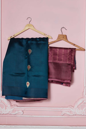 Shop stunning teal Banarasi sari online in USA with zari minakari buta. Look your best on festive occasions in latest designer sarees, pure silk saris, Kanchipuram silk sarees, handwoven sarees, tussar silk saris, embroidered sarees from Pure Elegance Indian fashion store in USA.-blouse