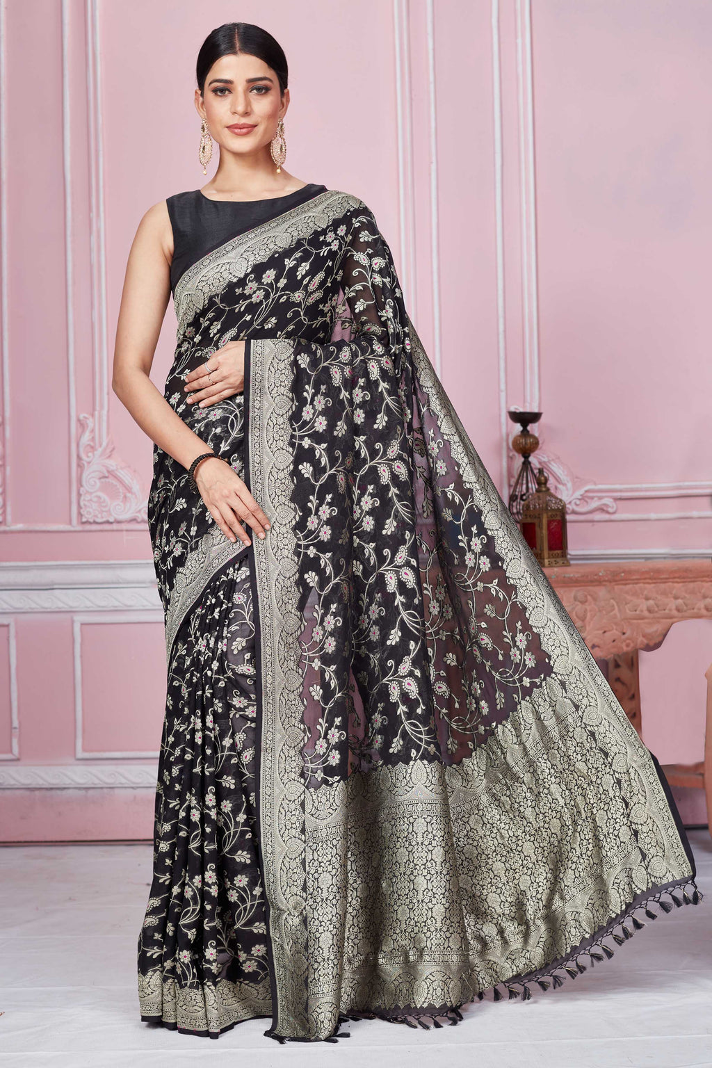Shop black Banarasi sari online in USA with floral zari jaal. Look your best on festive occasions in latest designer sarees, pure silk saris, Kanchipuram silk sarees, handwoven sarees, tussar silk saris, embroidered sarees from Pure Elegance Indian fashion store in USA.-full view