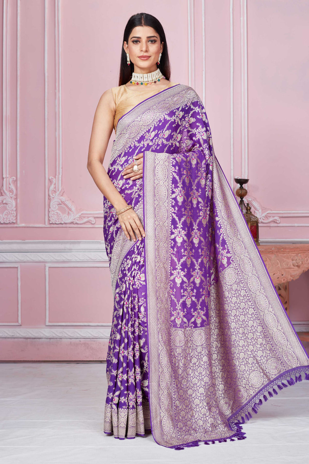 Buy purple Banarasi sari online in USA with silver zari jaal. Look your best on festive occasions in latest designer sarees, pure silk saris, Kanchipuram silk sarees, handwoven sarees, tussar silk saris, embroidered sarees from Pure Elegance Indian fashion store in USA.-full view