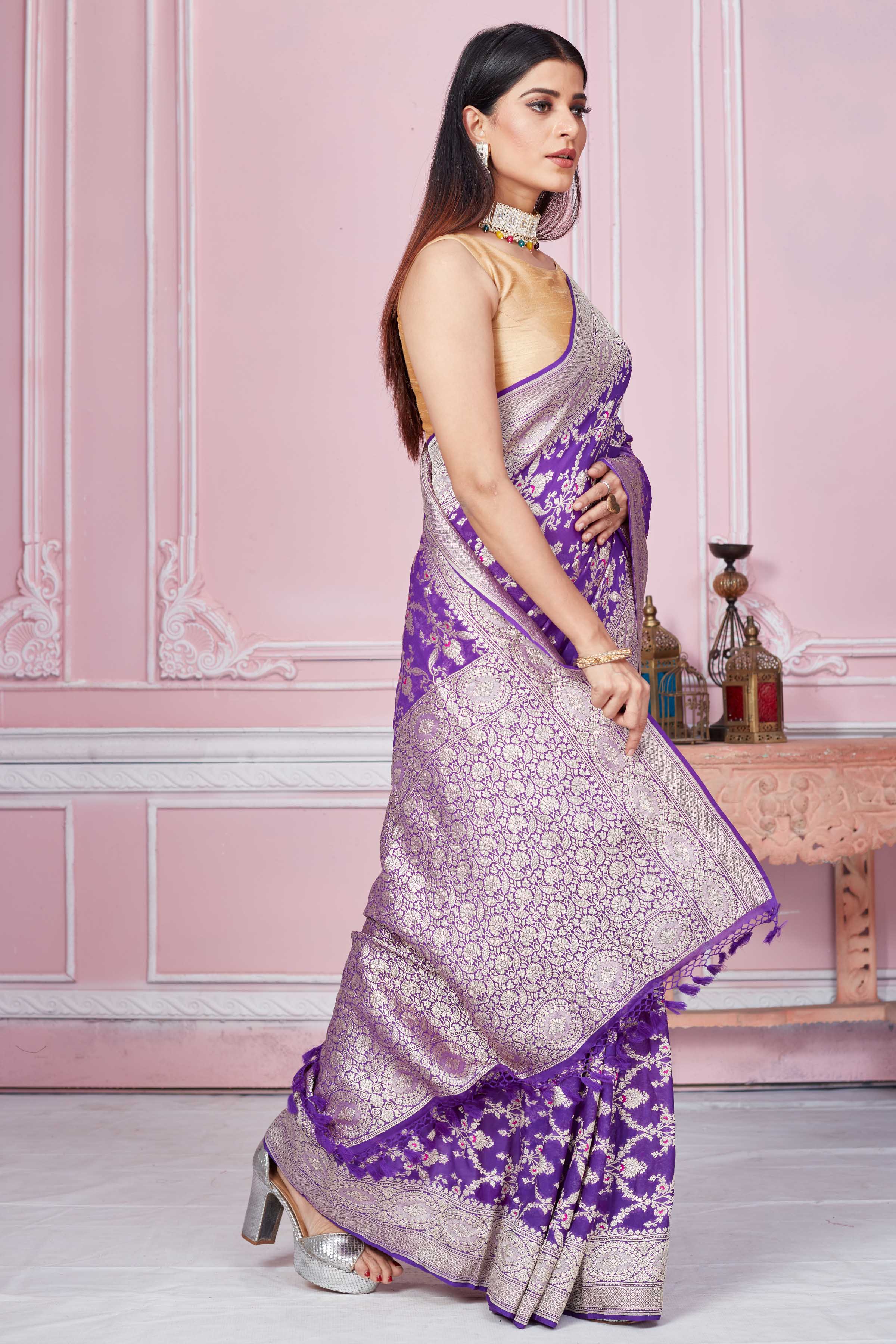 Buy purple Banarasi sari online in USA with silver zari jaal. Look your best on festive occasions in latest designer sarees, pure silk saris, Kanchipuram silk sarees, handwoven sarees, tussar silk saris, embroidered sarees from Pure Elegance Indian fashion store in USA.-side