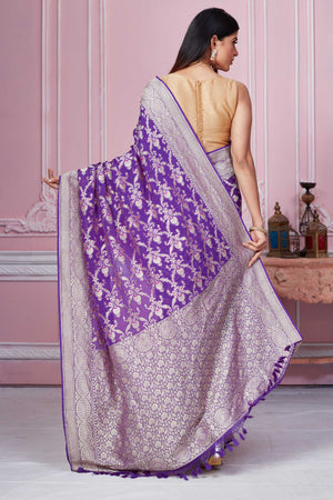Buy purple Banarasi sari online in USA with silver zari jaal. Look your best on festive occasions in latest designer sarees, pure silk saris, Kanchipuram silk sarees, handwoven sarees, tussar silk saris, embroidered sarees from Pure Elegance Indian fashion store in USA.-back