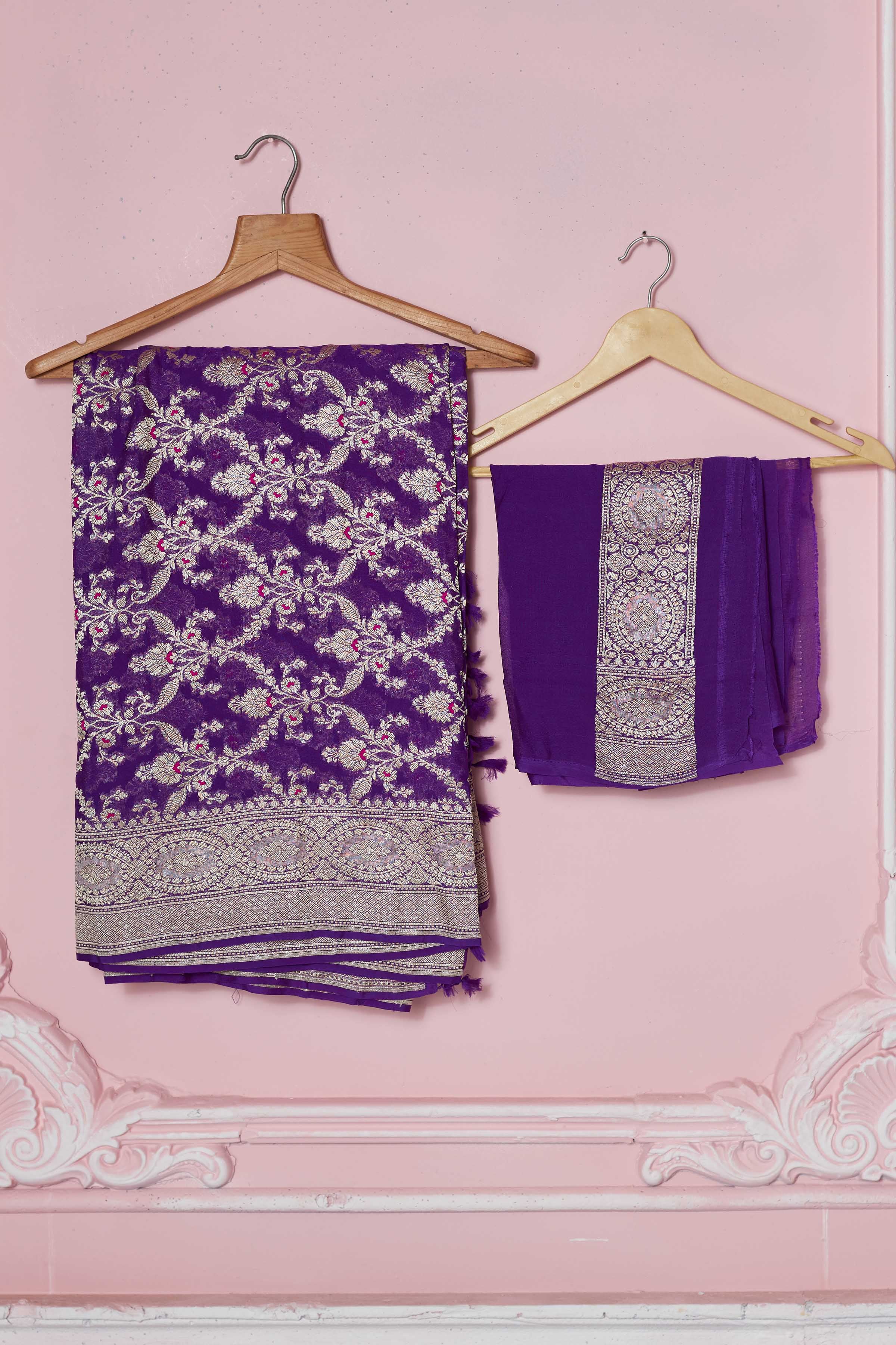 Buy purple Banarasi sari online in USA with silver zari jaal. Look your best on festive occasions in latest designer sarees, pure silk saris, Kanchipuram silk sarees, handwoven sarees, tussar silk saris, embroidered sarees from Pure Elegance Indian fashion store in USA.-blouse