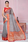 Buy grey check organza sari online in USA with red striped border. Look your best on festive occasions in latest designer sarees, pure silk saris, Kanchipuram silk sarees, handwoven sarees, tussar silk saris, embroidered sarees from Pure Elegance Indian fashion store in USA.-full view