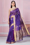 Buy purple Banarasi sari online in USA with golden zari border and zari motifs. Look your best on festive occasions in latest designer sarees, pure silk saris, Kanchipuram silk sarees, handwoven sarees, tussar silk saris, embroidered sarees from Pure Elegance Indian fashion store in USA.-full view