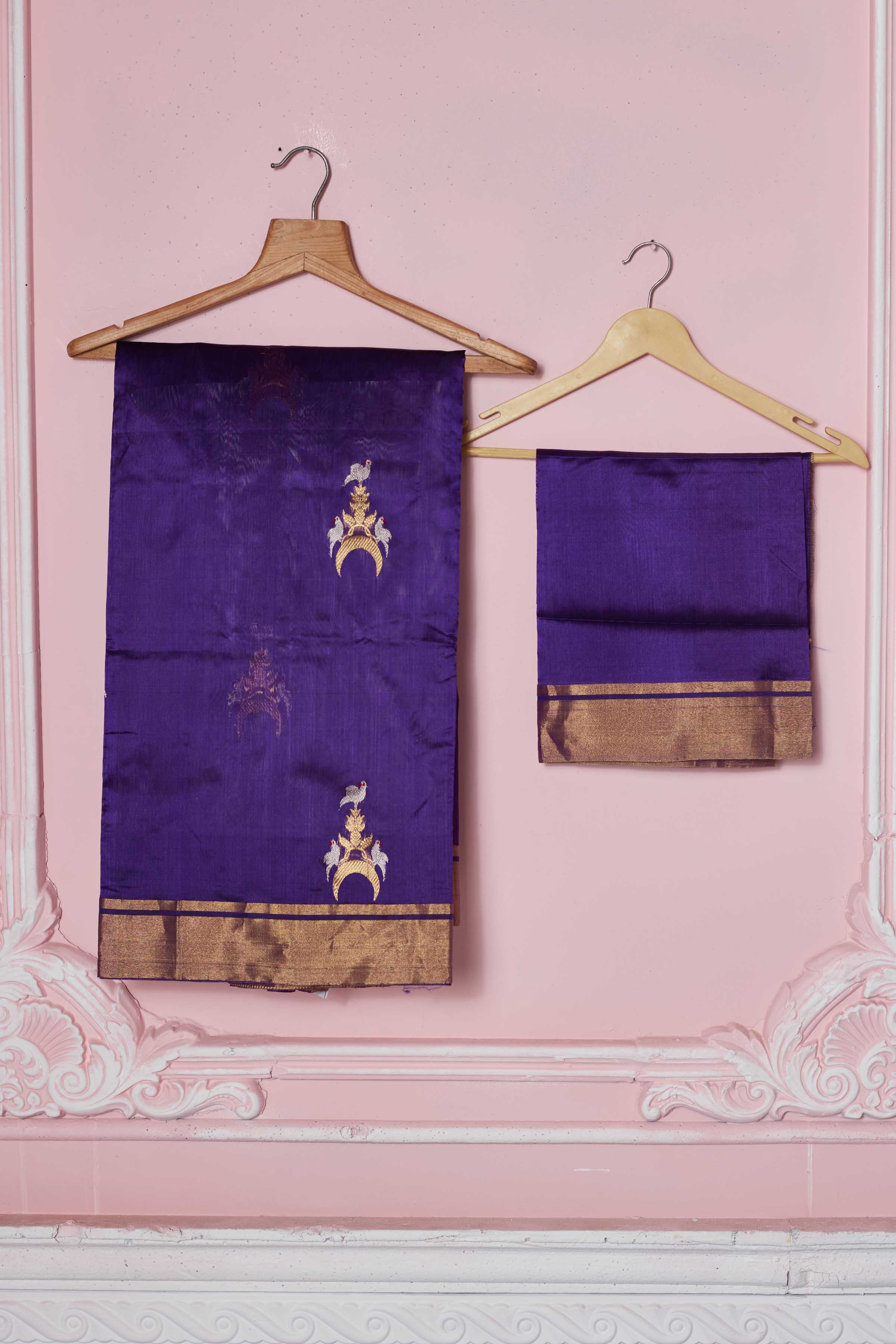 Buy purple Banarasi sari online in USA with golden zari border and zari motifs. Look your best on festive occasions in latest designer sarees, pure silk saris, Kanchipuram silk sarees, handwoven sarees, tussar silk saris, embroidered sarees from Pure Elegance Indian fashion store in USA.-blouse
