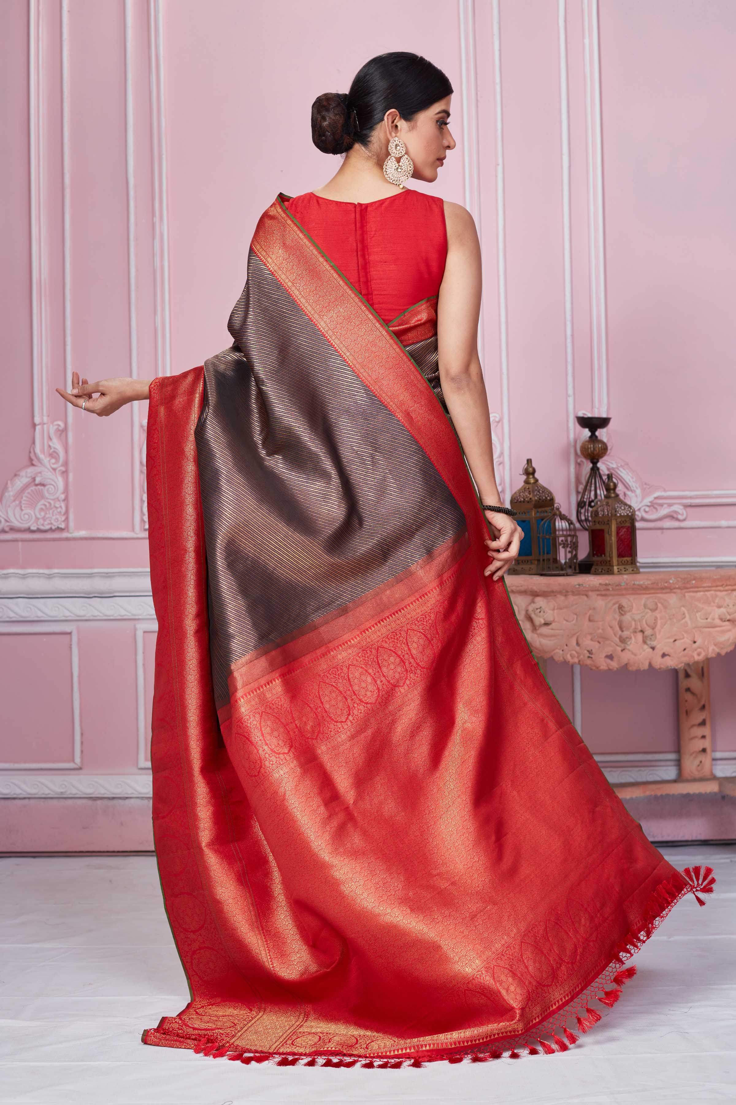 Buy brown Banarasi sari online in USA with red zari border. Look your best on festive occasions in latest designer sarees, pure silk saris, Kanchipuram silk sarees, handwoven sarees, tussar silk saris, embroidered sarees from Pure Elegance Indian fashion store in USA.-back