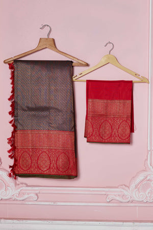Buy brown Banarasi sari online in USA with red zari border. Look your best on festive occasions in latest designer sarees, pure silk saris, Kanchipuram silk sarees, handwoven sarees, tussar silk saris, embroidered sarees from Pure Elegance Indian fashion store in USA.-blouse
