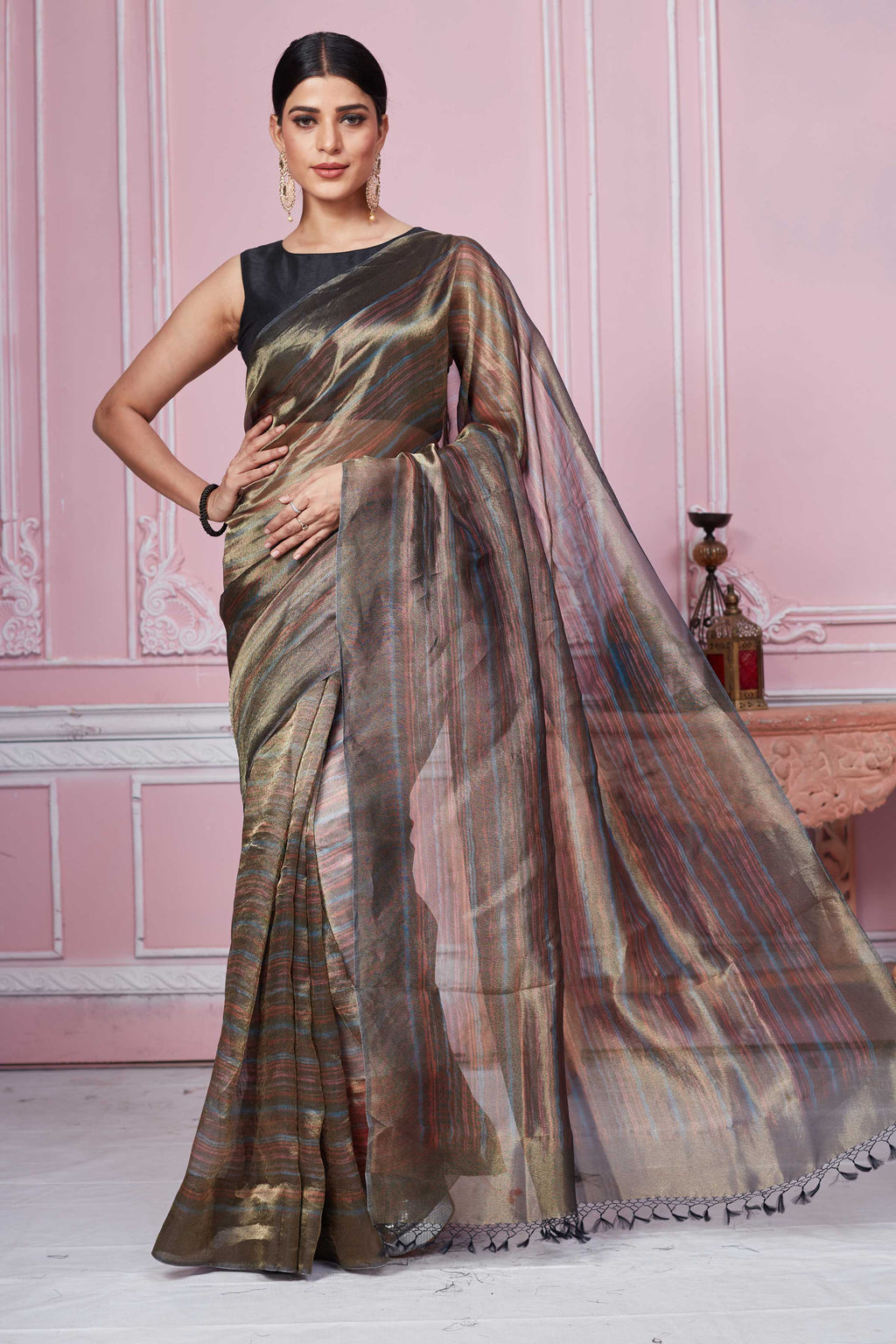 Shop metallic grey striped Banarasi sari online in USA. Look your best on festive occasions in latest designer sarees, pure silk saris, Kanchipuram silk sarees, handwoven sarees, tussar silk saris, embroidered sarees from Pure Elegance Indian fashion store in USA.-full view