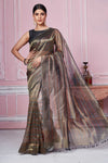 Shop metallic grey striped Banarasi sari online in USA. Look your best on festive occasions in latest designer sarees, pure silk saris, Kanchipuram silk sarees, handwoven sarees, tussar silk saris, embroidered sarees from Pure Elegance Indian fashion store in USA.-full view