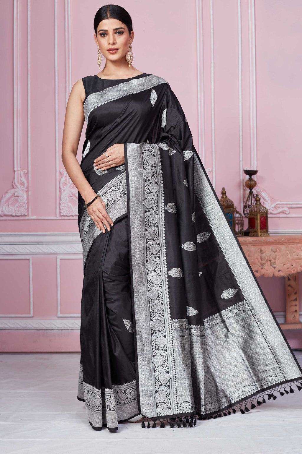 Shop black Banarasi sari online in USA with silver zari border. Look your best on festive occasions in latest designer sarees, pure silk saris, Kanchipuram silk sarees, handwoven sarees, tussar silk saris, embroidered sarees from Pure Elegance Indian fashion store in USA.-full view
