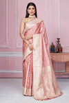 Buy dusty pink Banarasi sari online in USA with zari buta and zari border. Look your best on festive occasions in latest designer sarees, pure silk saris, Kanchipuram silk sarees, handwoven sarees, tussar silk saris, embroidered sarees from Pure Elegance Indian fashion store in USA.-full view