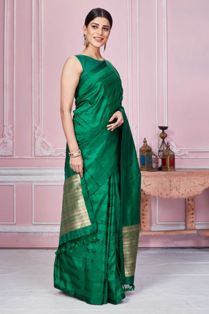 Buy bottle green self stripes Banarasi sari online in USA with zari pallu. Look your best on festive occasions in latest designer sarees, pure silk saris, Kanchipuram silk sarees, handwoven sarees, tussar silk saris, embroidered sarees from Pure Elegance Indian fashion store in USA.-side