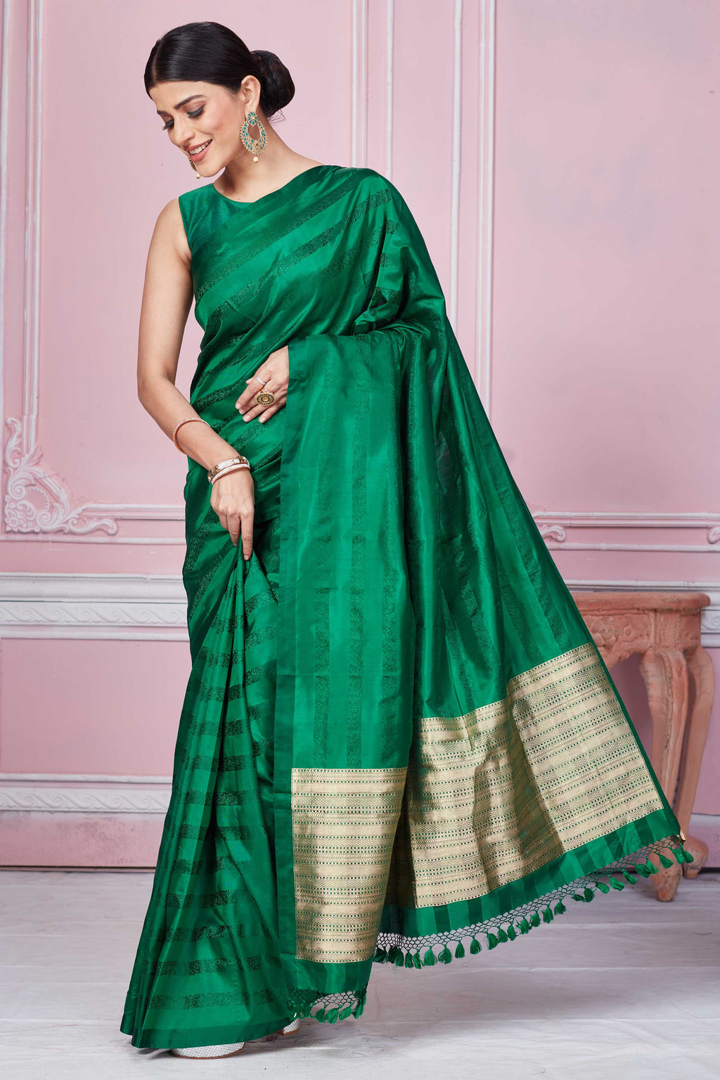 Buy bottle green self stripes Banarasi sari online in USA with zari pallu. Look your best on festive occasions in latest designer sarees, pure silk saris, Kanchipuram silk sarees, handwoven sarees, tussar silk saris, embroidered sarees from Pure Elegance Indian fashion store in USA.-full view