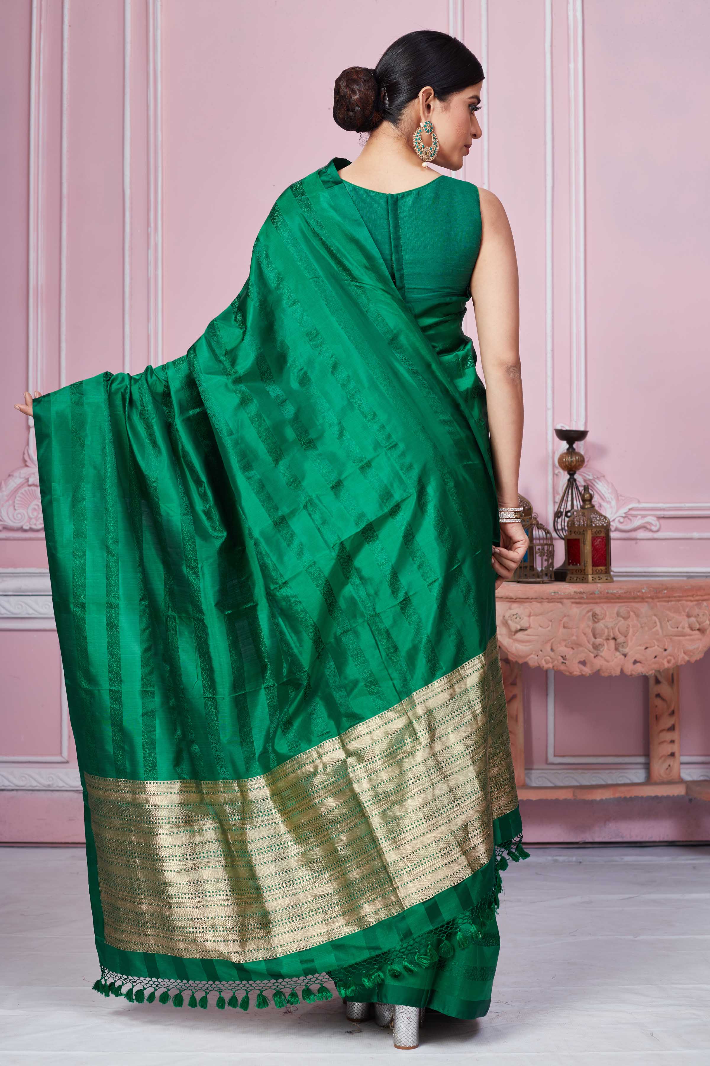Buy bottle green self stripes Banarasi sari online in USA with zari pallu. Look your best on festive occasions in latest designer sarees, pure silk saris, Kanchipuram silk sarees, handwoven sarees, tussar silk saris, embroidered sarees from Pure Elegance Indian fashion store in USA.-back