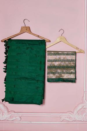 Buy bottle green self stripes Banarasi sari online in USA with zari pallu. Look your best on festive occasions in latest designer sarees, pure silk saris, Kanchipuram silk sarees, handwoven sarees, tussar silk saris, embroidered sarees from Pure Elegance Indian fashion store in USA.-blouse