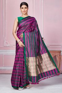 Shop purple green self stripes Banarasi sari online in USA with zari pallu. Look your best on festive occasions in latest designer sarees, pure silk saris, Kanchipuram silk sarees, handwoven sarees, tussar silk saris, embroidered sarees from Pure Elegance Indian fashion store in USA.-full view