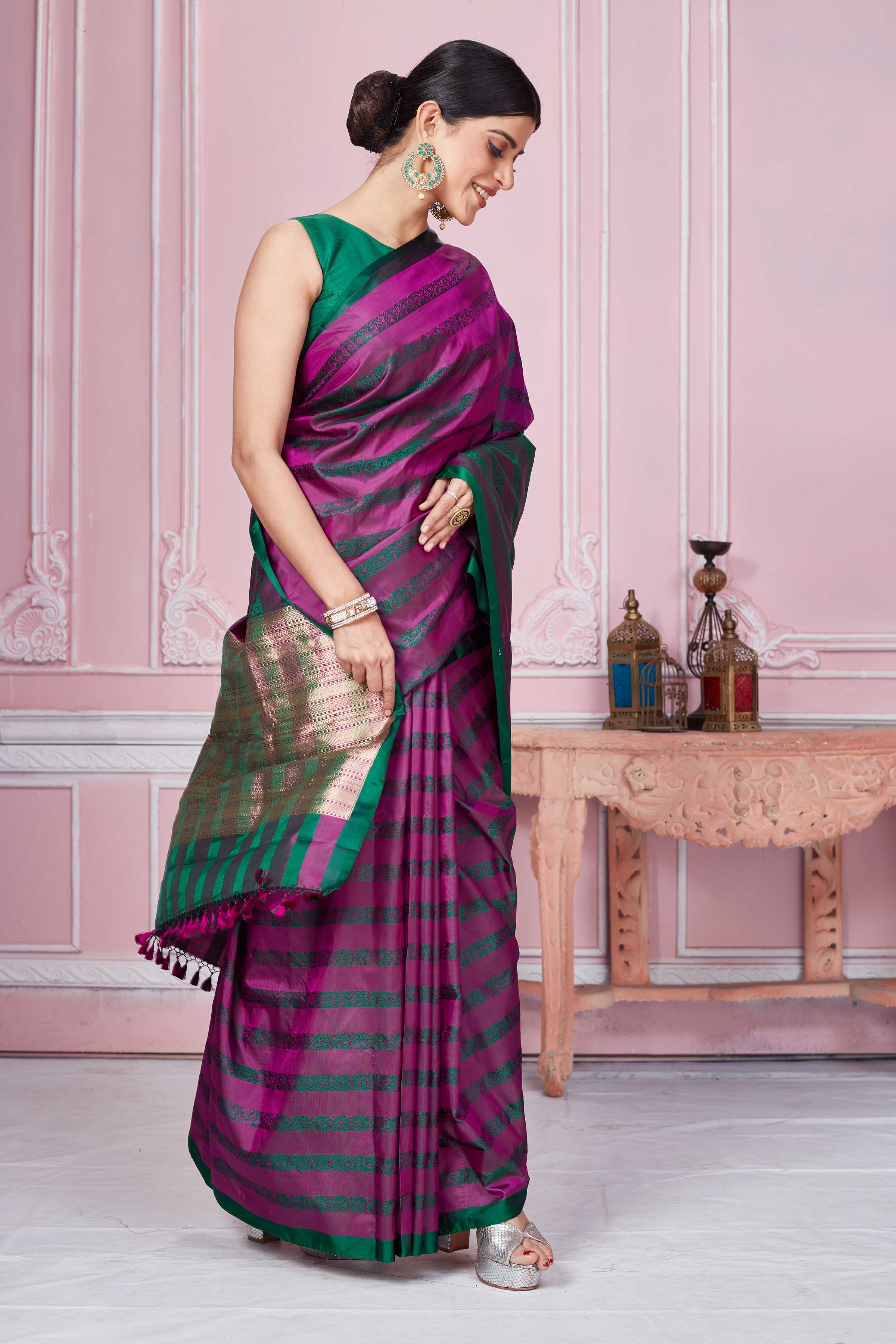 Shop purple green self stripes Banarasi sari online in USA with zari pallu. Look your best on festive occasions in latest designer sarees, pure silk saris, Kanchipuram silk sarees, handwoven sarees, tussar silk saris, embroidered sarees from Pure Elegance Indian fashion store in USA.-pallu