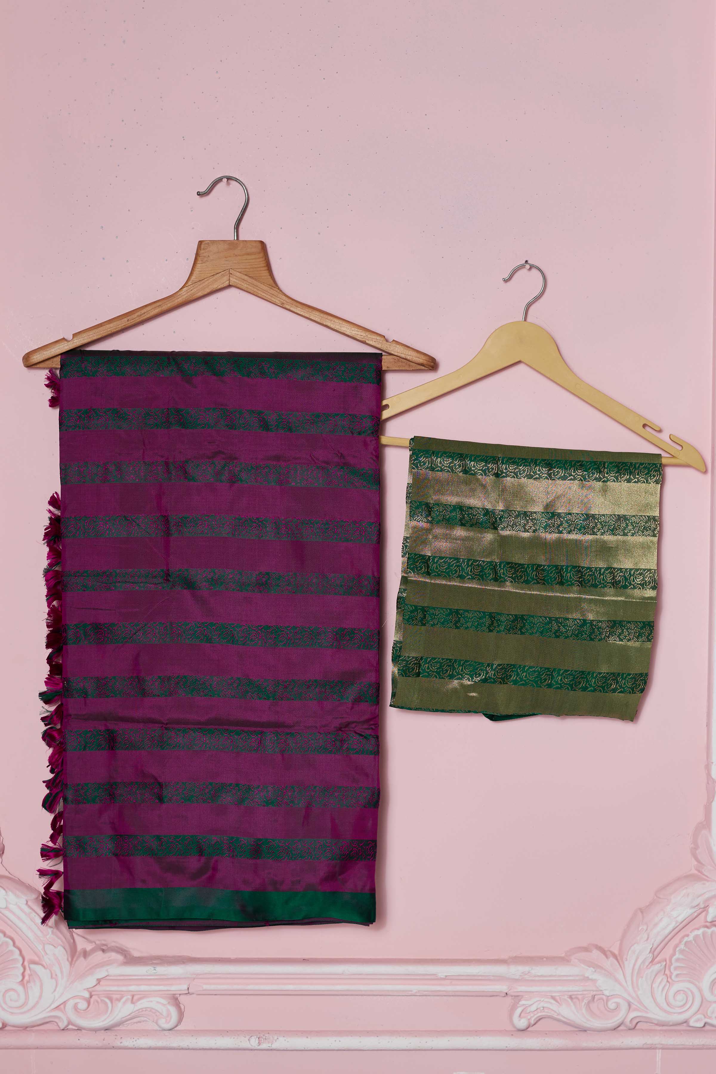 Shop purple green self stripes Banarasi sari online in USA with zari pallu. Look your best on festive occasions in latest designer sarees, pure silk saris, Kanchipuram silk sarees, handwoven sarees, tussar silk saris, embroidered sarees from Pure Elegance Indian fashion store in USA.-blouse