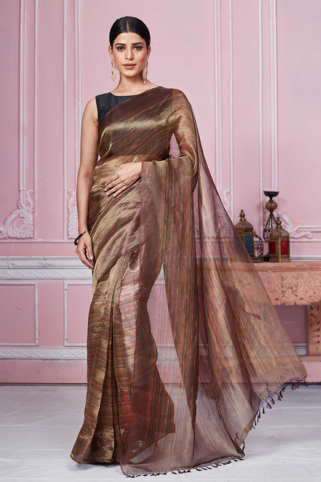 Shop stunning metallic brown tissue Banarasi sari online in USA. Look your best on festive occasions in latest designer sarees, pure silk saris, Kanchipuram silk sarees, handwoven sarees, tussar silk saris, embroidered sarees from Pure Elegance Indian fashion store in USA.-full view