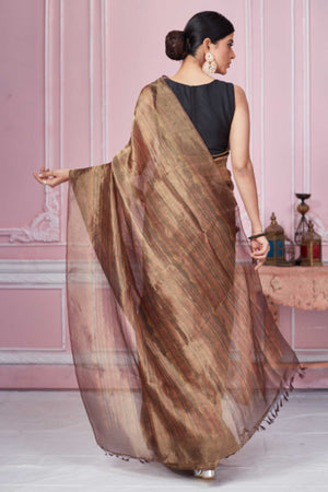 Shop stunning metallic brown tissue Banarasi sari online in USA. Look your best on festive occasions in latest designer sarees, pure silk saris, Kanchipuram silk sarees, handwoven sarees, tussar silk saris, embroidered sarees from Pure Elegance Indian fashion store in USA.-back