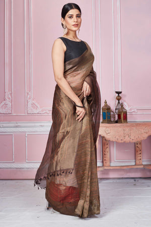 Buy stunning brown tissue Banarasi sari online in USA. Look your best on festive occasions in latest designer sarees, pure silk saris, Kanchipuram silk sarees, handwoven sarees, tussar silk saris, embroidered sarees from Pure Elegance Indian fashion store in USA.-side