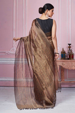 Buy stunning brown tissue Banarasi sari online in USA. Look your best on festive occasions in latest designer sarees, pure silk saris, Kanchipuram silk sarees, handwoven sarees, tussar silk saris, embroidered sarees from Pure Elegance Indian fashion store in USA.-back