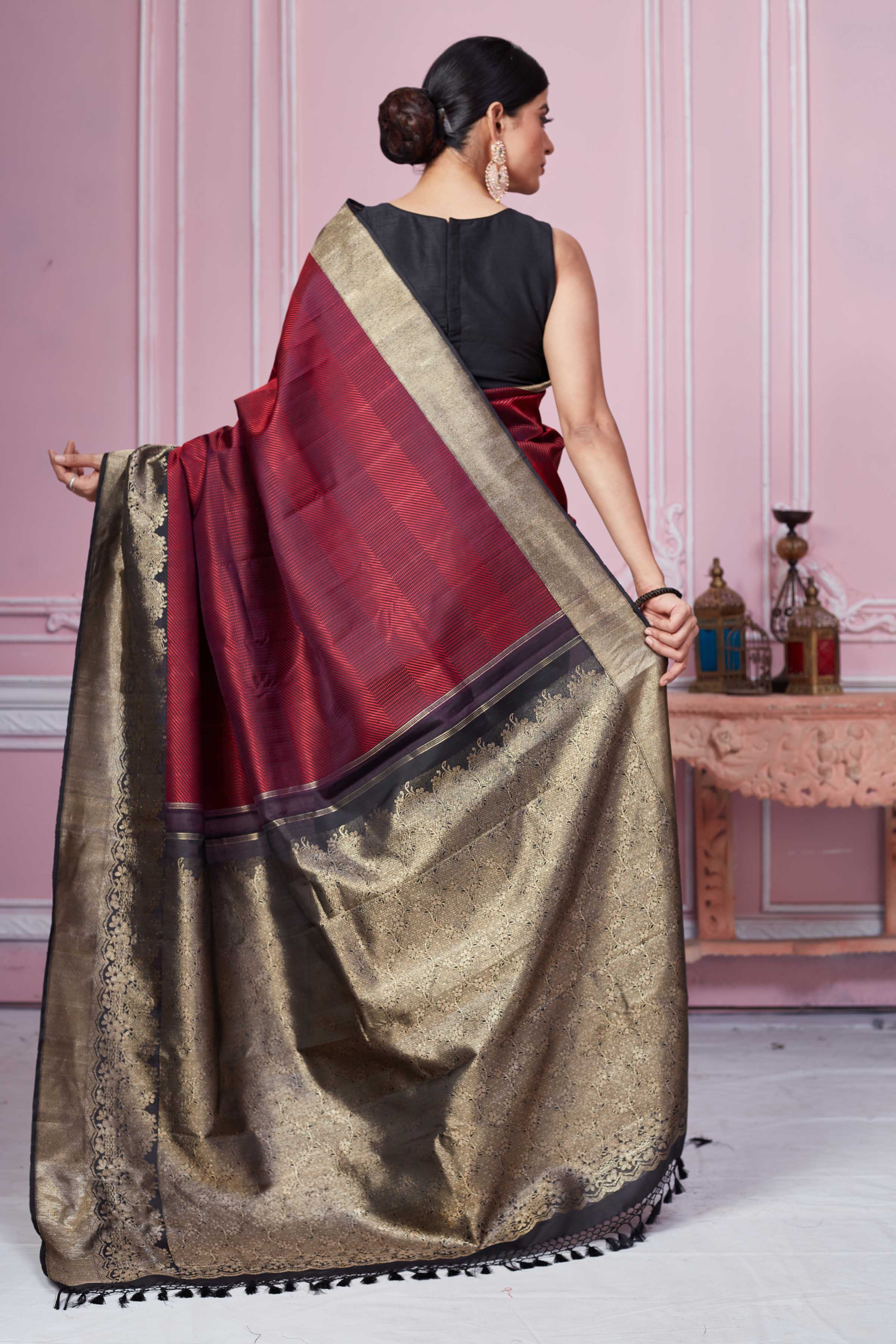 Shop wine color Banarasi sari online in USA with antique zari border. Look your best on festive occasions in latest designer sarees, pure silk saris, Kanchipuram silk sarees, handwoven sarees, tussar silk saris, embroidered sarees from Pure Elegance Indian fashion store in USA.-back