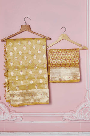 Shop yellow Banarasi sari online in USA with zari minakari buta. Look your best on festive occasions in latest designer sarees, pure silk saris, Kanchipuram silk sarees, handwoven sarees, tussar silk saris, embroidered sarees from Pure Elegance Indian fashion store in USA.-blouse