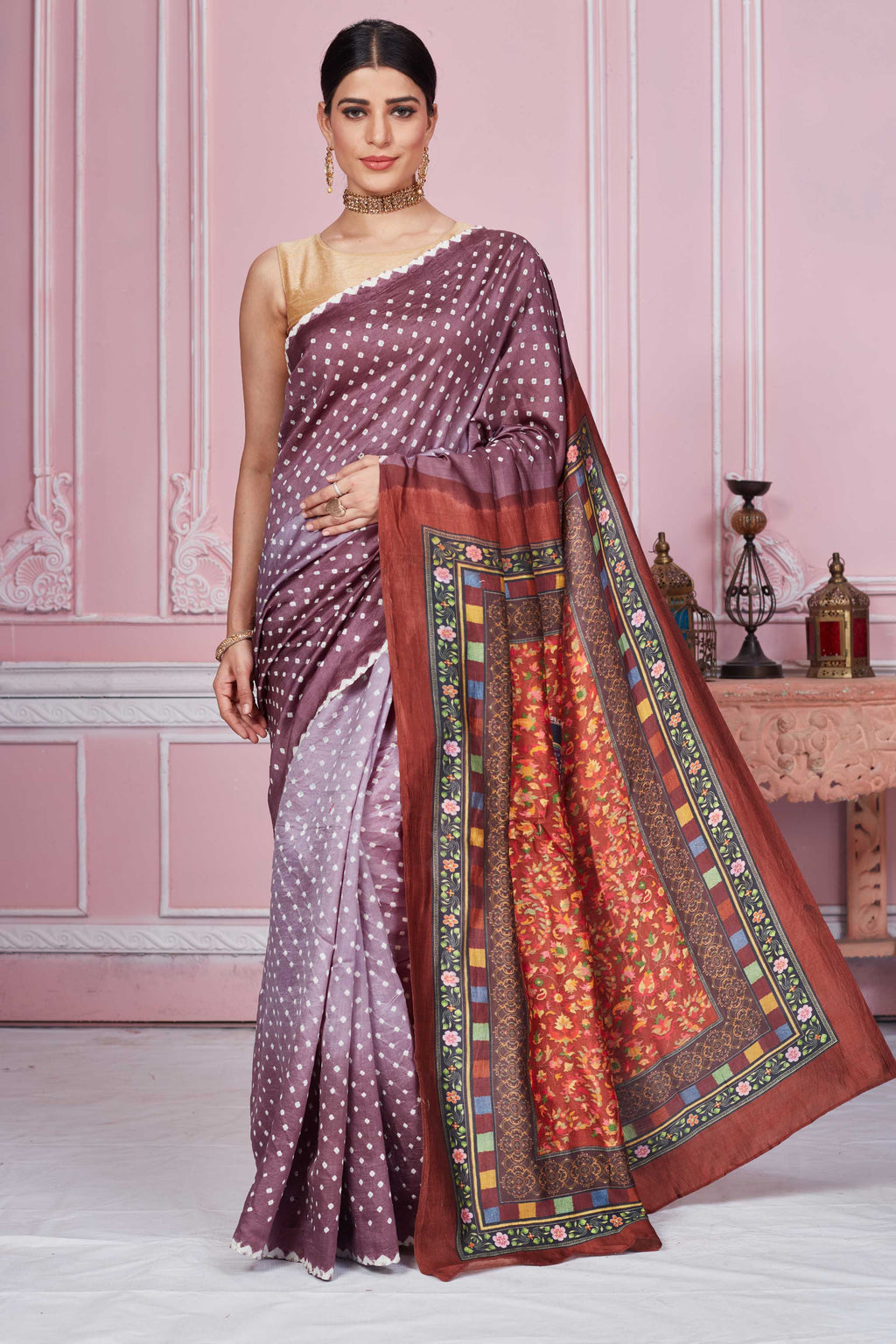 Buy ombre lavender bandhej tussar Pichwai sari online in USA. Look your best on festive occasions in latest designer sarees, pure silk sarees, Kanjivaram silk saris, handwoven saris, tussar silk sarees, embroidered saris from Pure Elegance Indian clothing store in USA.-full view