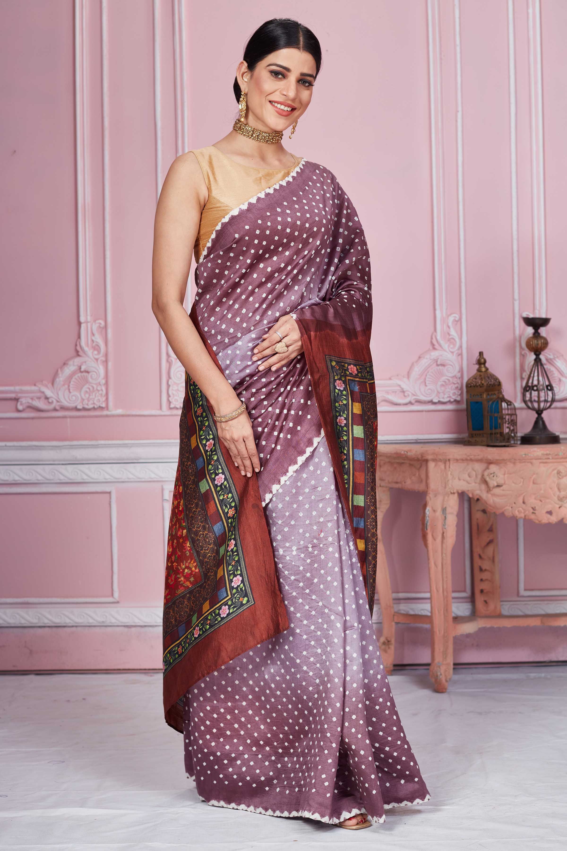 Buy ombre lavender bandhej tussar Pichwai sari online in USA. Look your best on festive occasions in latest designer sarees, pure silk sarees, Kanjivaram silk saris, handwoven saris, tussar silk sarees, embroidered saris from Pure Elegance Indian clothing store in USA.-side