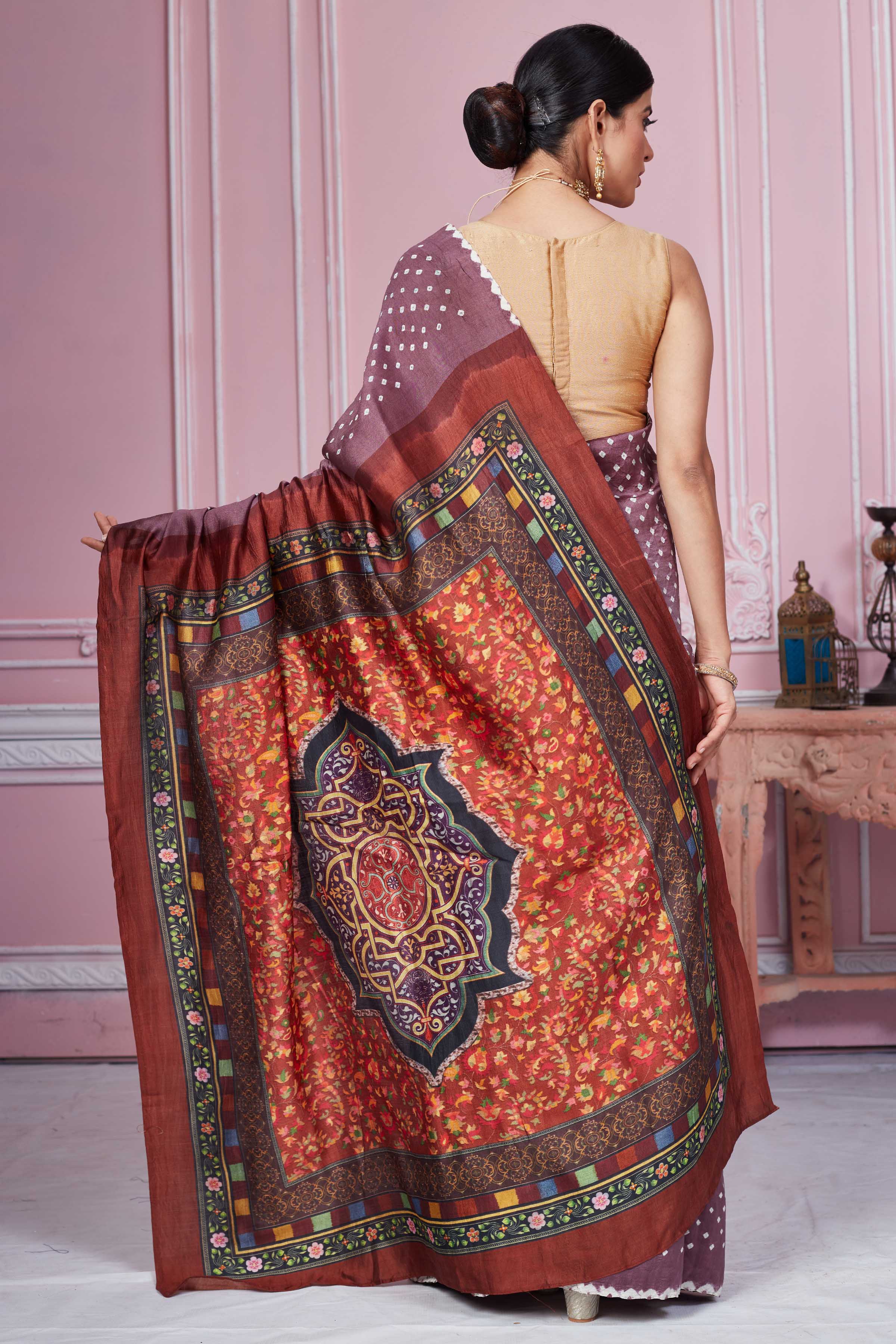 Buy ombre lavender bandhej tussar Pichwai sari online in USA. Look your best on festive occasions in latest designer sarees, pure silk sarees, Kanjivaram silk saris, handwoven saris, tussar silk sarees, embroidered saris from Pure Elegance Indian clothing store in USA.-back