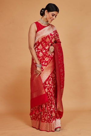 Buy red katan silk Banarasi sari online in USA with zari minakari work. Look your best on festive occasions in latest designer saris, pure silk sarees, Kanjivaram silk sarees, handwoven saris, tussar silk sarees, embroidered saris from Pure Elegance Indian clothing store in USA.-side