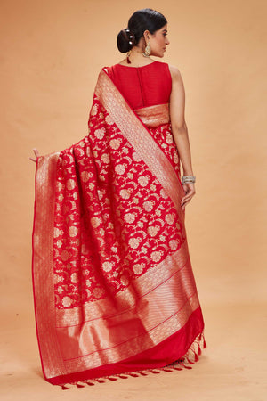 Buy red katan silk Banarasi sari online in USA with zari minakari work. Look your best on festive occasions in latest designer saris, pure silk sarees, Kanjivaram silk sarees, handwoven saris, tussar silk sarees, embroidered saris from Pure Elegance Indian clothing store in USA.-back