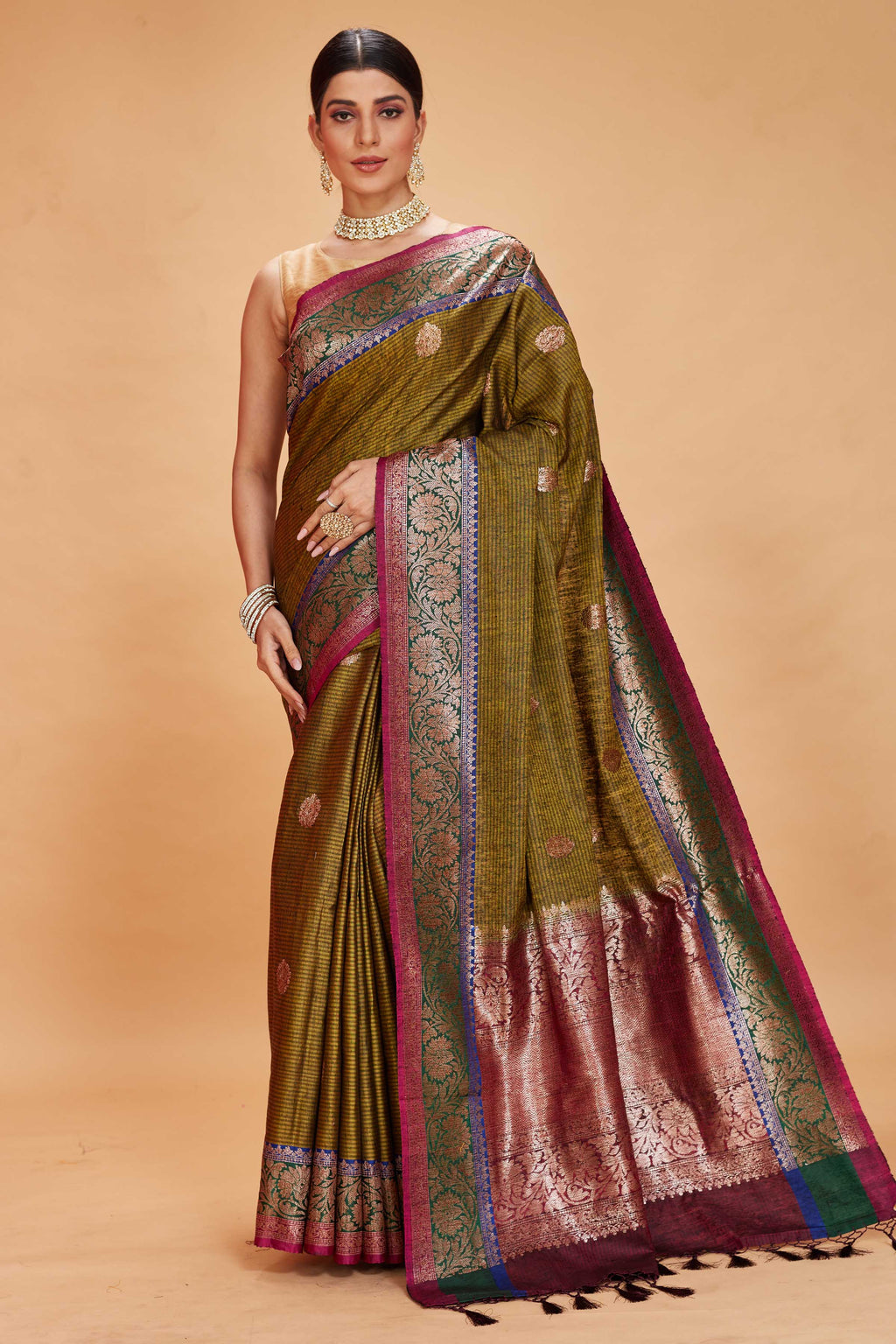 Olive Green Silk Banarasi Zari Woven Saree