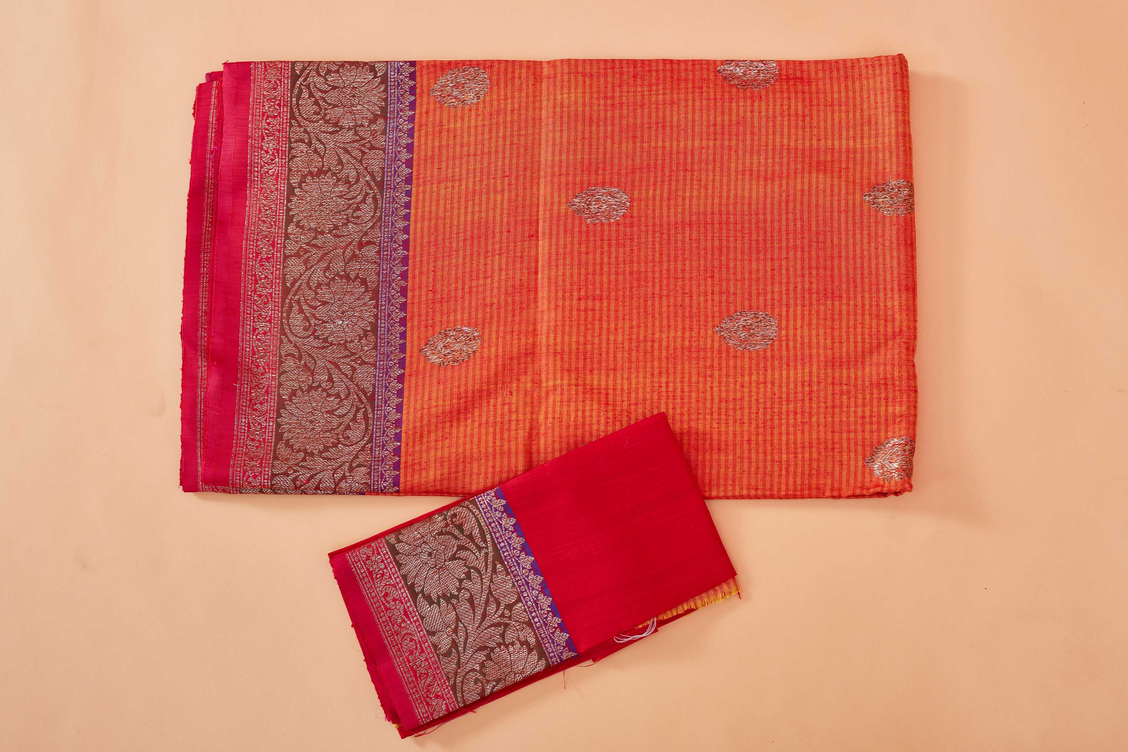 Buy orange tussar Banarasi sari online in USA with purple magenta zari border. Look your best on festive occasions in latest designer saris, pure silk sarees, Kanjivaram silk sarees, handwoven saris, tussar silk sarees, embroidered saris from Pure Elegance Indian clothing store in USA.-blouse